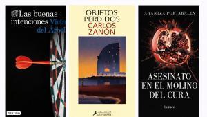 Portadas de Las buenas intenciones, Objetos perdidos y Asesinato en el molino del Cura.