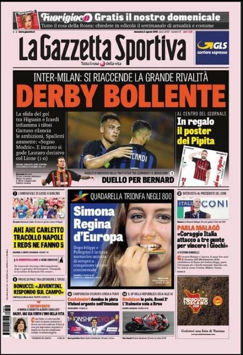 Portada GAZZETTA DELLO SPORT lunes 6 de agosto