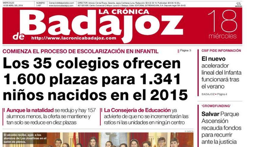 Esta es la portada de LA CRÓNICA DE BADAJOZ correspondiente al día 18 de abril del 2018