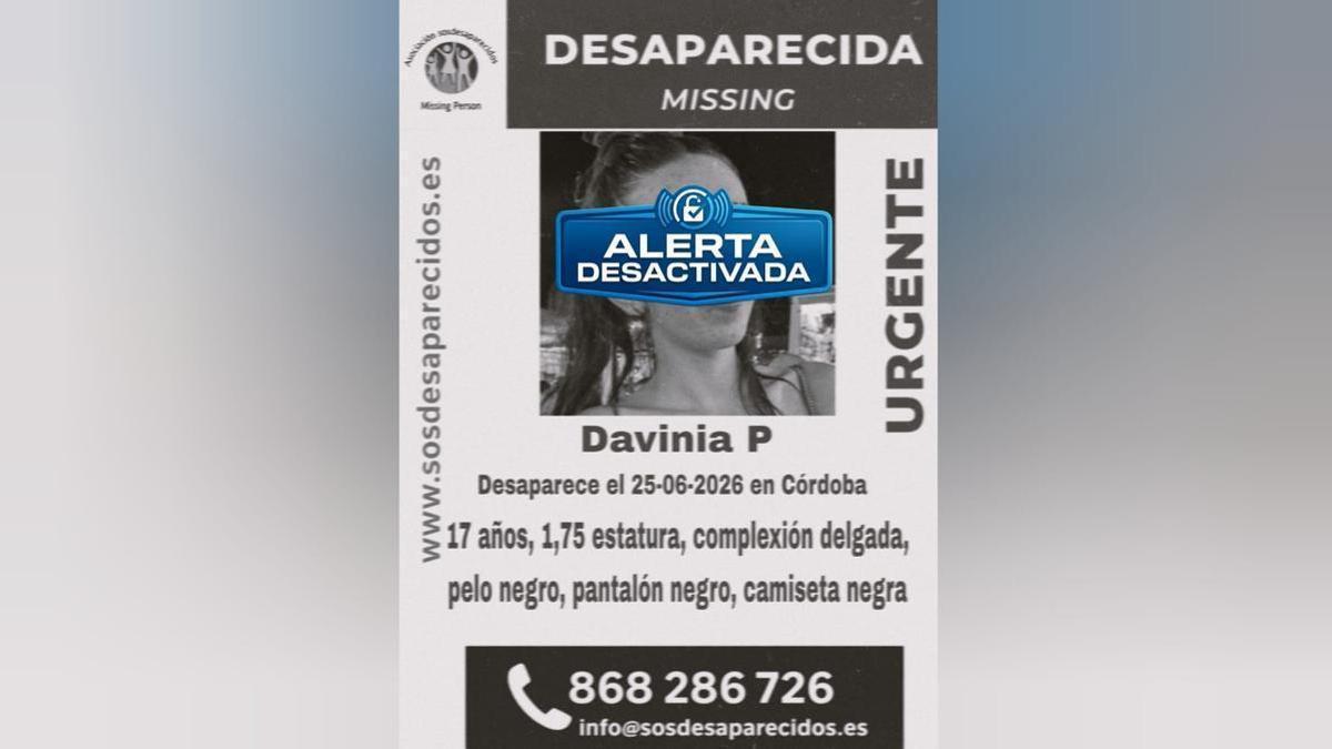 Cartel de SOS Desaparecidos tras el hallazgo sana y salva de Davinia P., joven cordobesa de 17 años que estaba en paradero desconocido desde el jueves.