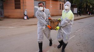 Dos voluntarios ataviados con EPIs trabajan en Aldaia (Valencia) el pasado 9 de noviembre.