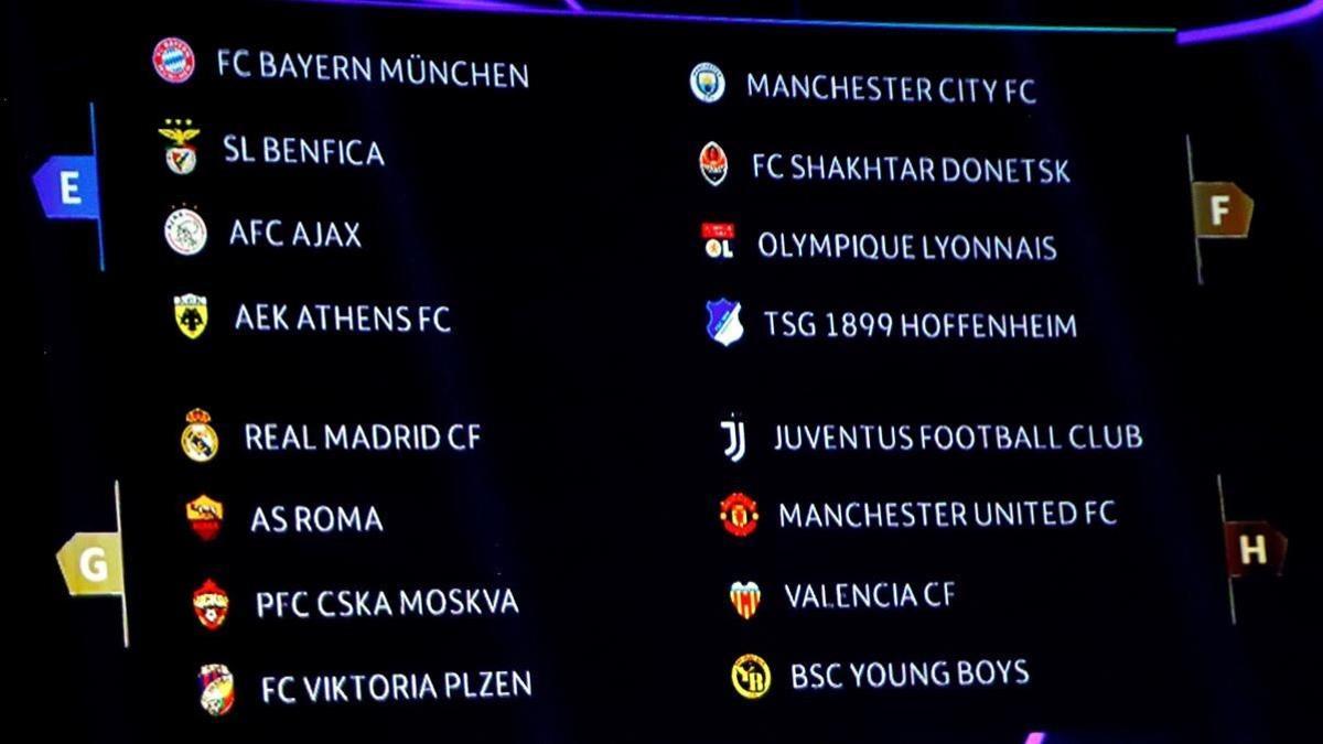 Una pantalla muestra los equipos tras el sorteo de la fase de grupos de la Liga de Campeones de la UEFA durante el sorteo en Monaco.