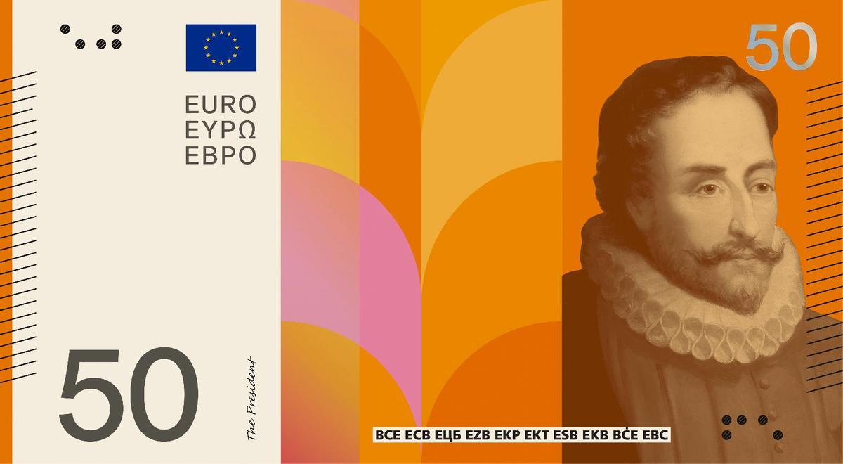 Uno de los diseños para el billete de 50 euros, con la cara de Miguel de Cervantes