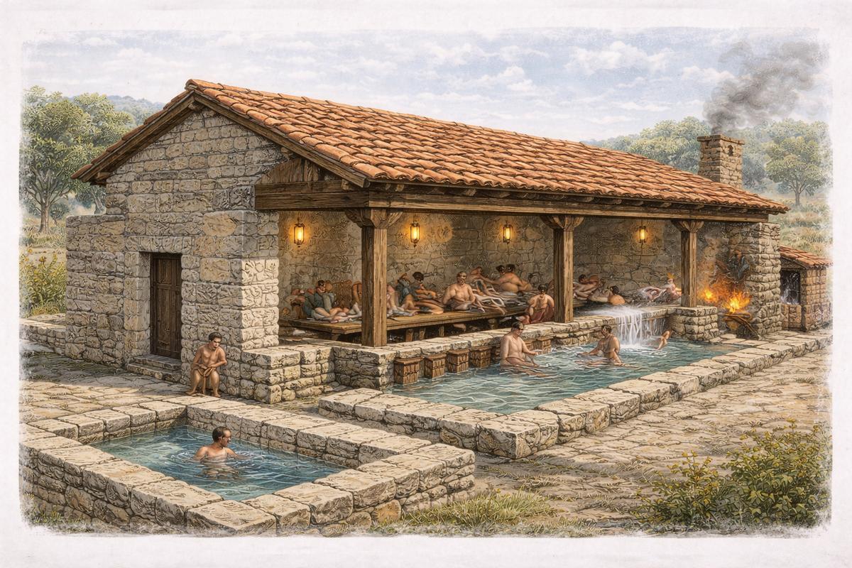 Recreación simulada a partir de IA del complejo termal asociada a la posada