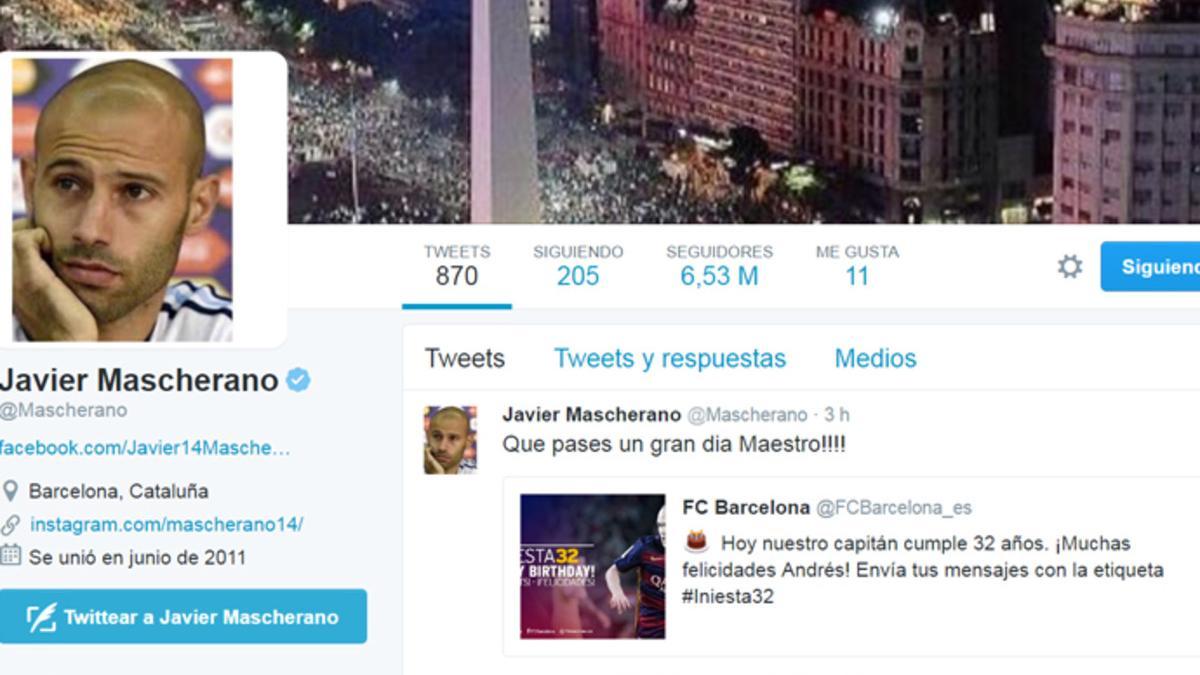 Mascherano, de los primeros en felicitar a Iniesta en las redes