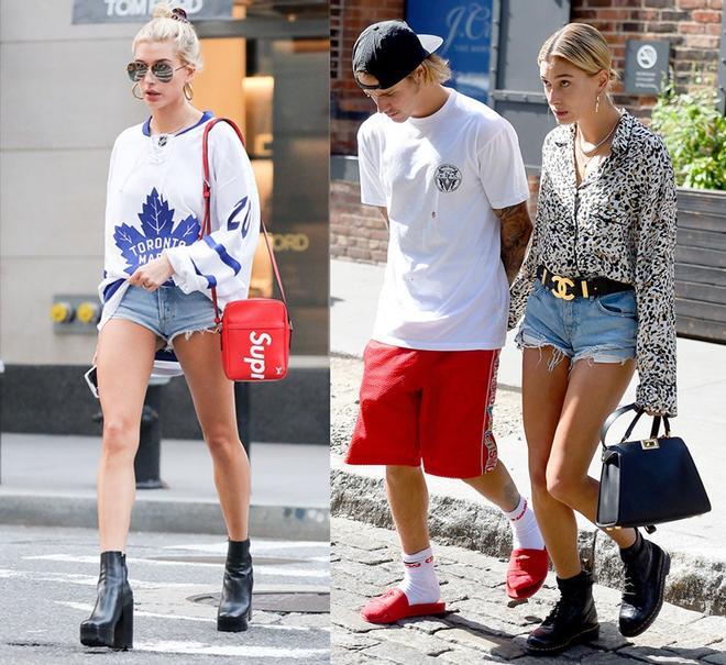 Hailey Baldwin con un street style con shorts denim