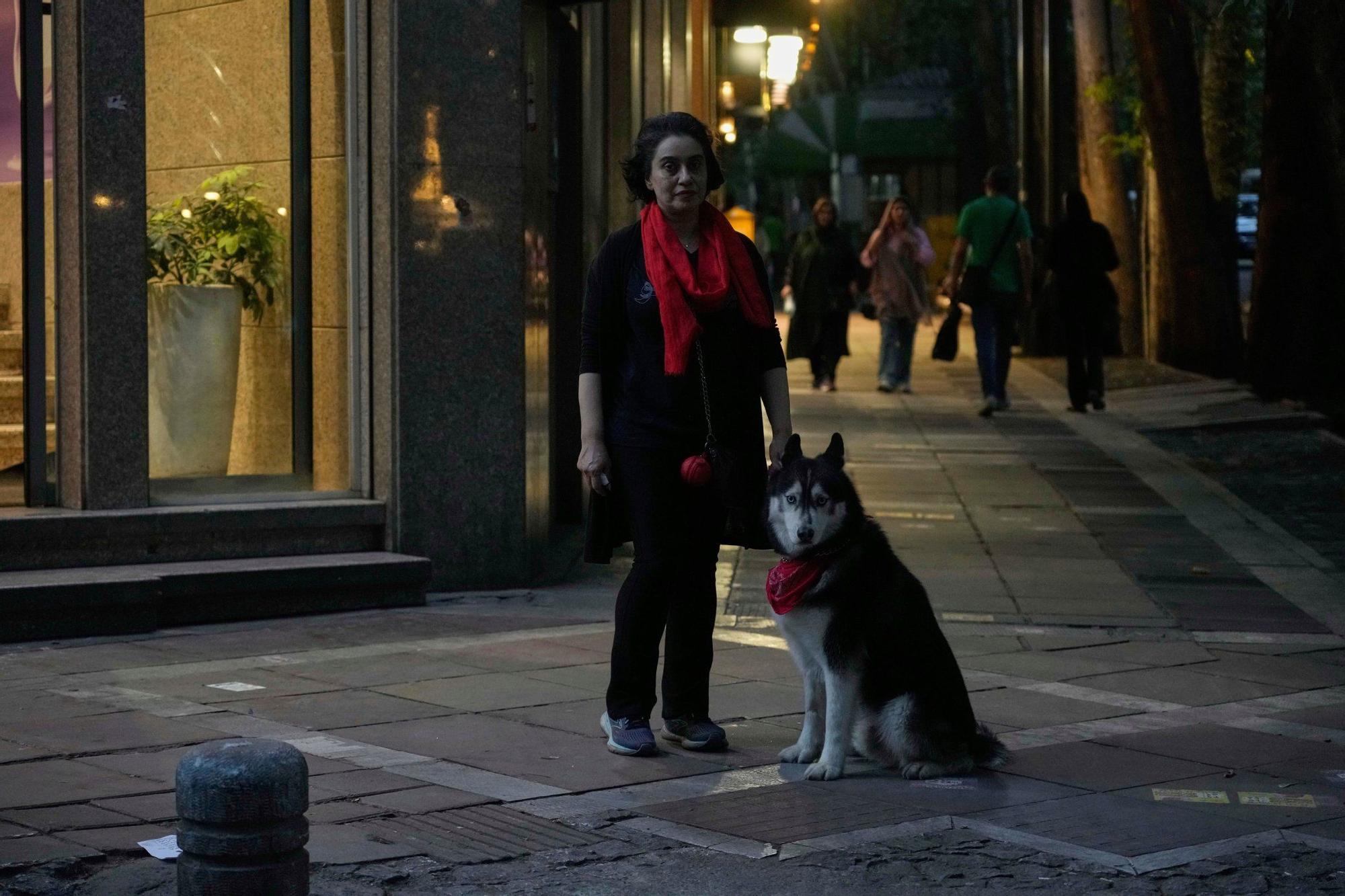 Una mujer con su perro en una calle de Teherán, en Irán.