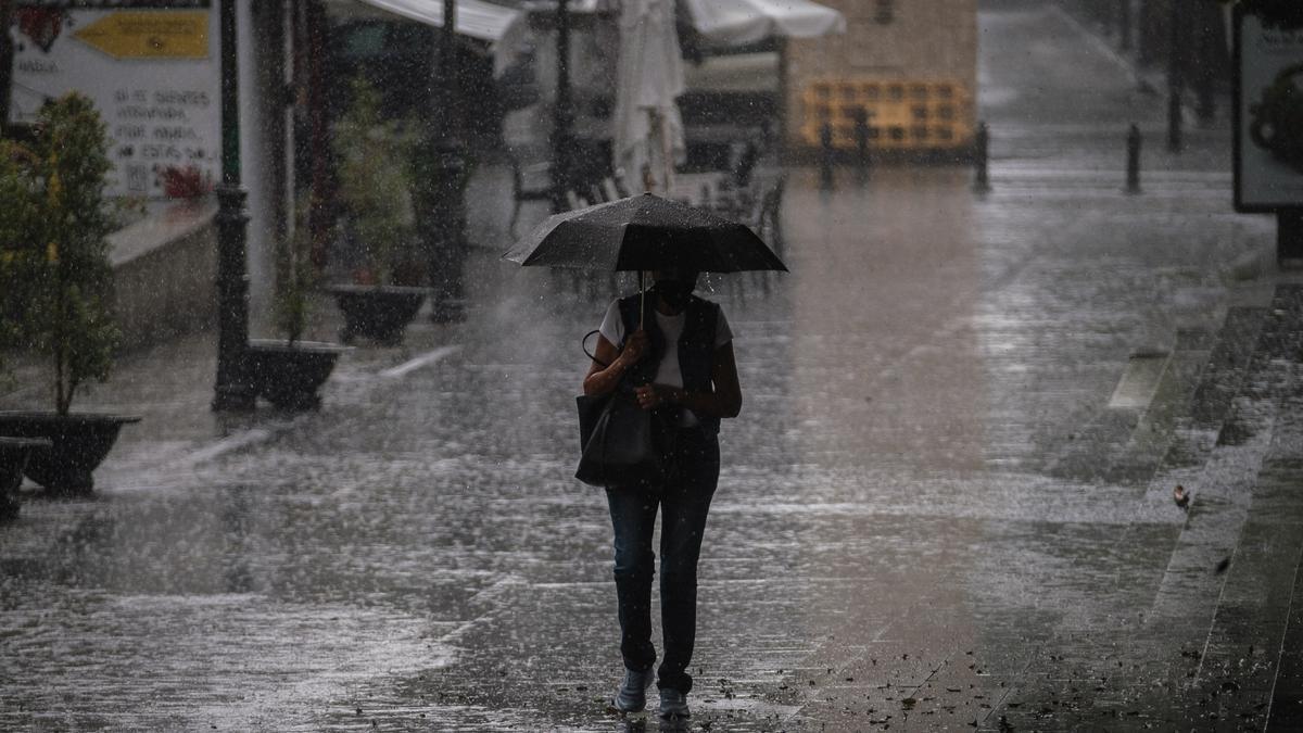 Una mujer se guarece de la lluvia bajo su paraguas.