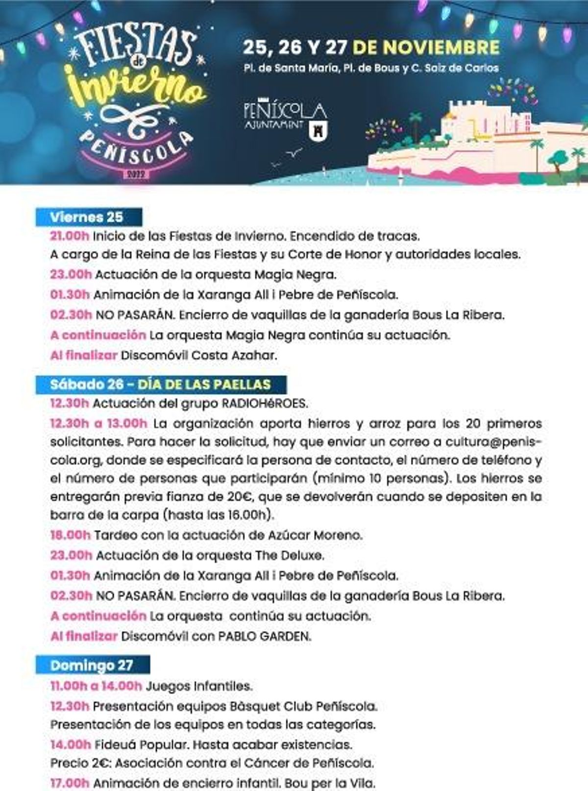 Programación de las Festes d'Hivern de Peñíscola.