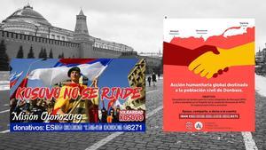 Carteles de petición de fondos para causas de la asociación Solidaridad Kosovo (izquierda) y Vostok Solidaridad Donbás. Ambos indican la misma cuenta bancaria