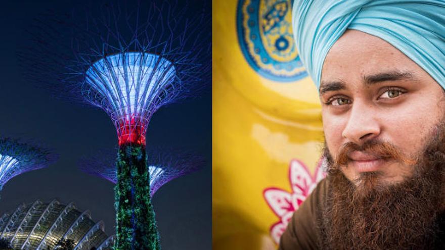 Sukhraj Singh, de 26 años, es indio y trabaja en la construcción. En la foto de la izquierda, una representación de lo que es más importante en el mundo para él: construir algo que permanezca y sea importante, como los árboles gigantes del Marina Bay, Singapur.
 Datos técnicos. Marina Bay.
 Cámara: Fujifilm GFX 50R
 Objetivo: GF 45mm 
 F