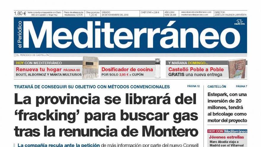 La provincia se librará del ‘fracking’ para buscar gas, en la portada de Mediterráneo