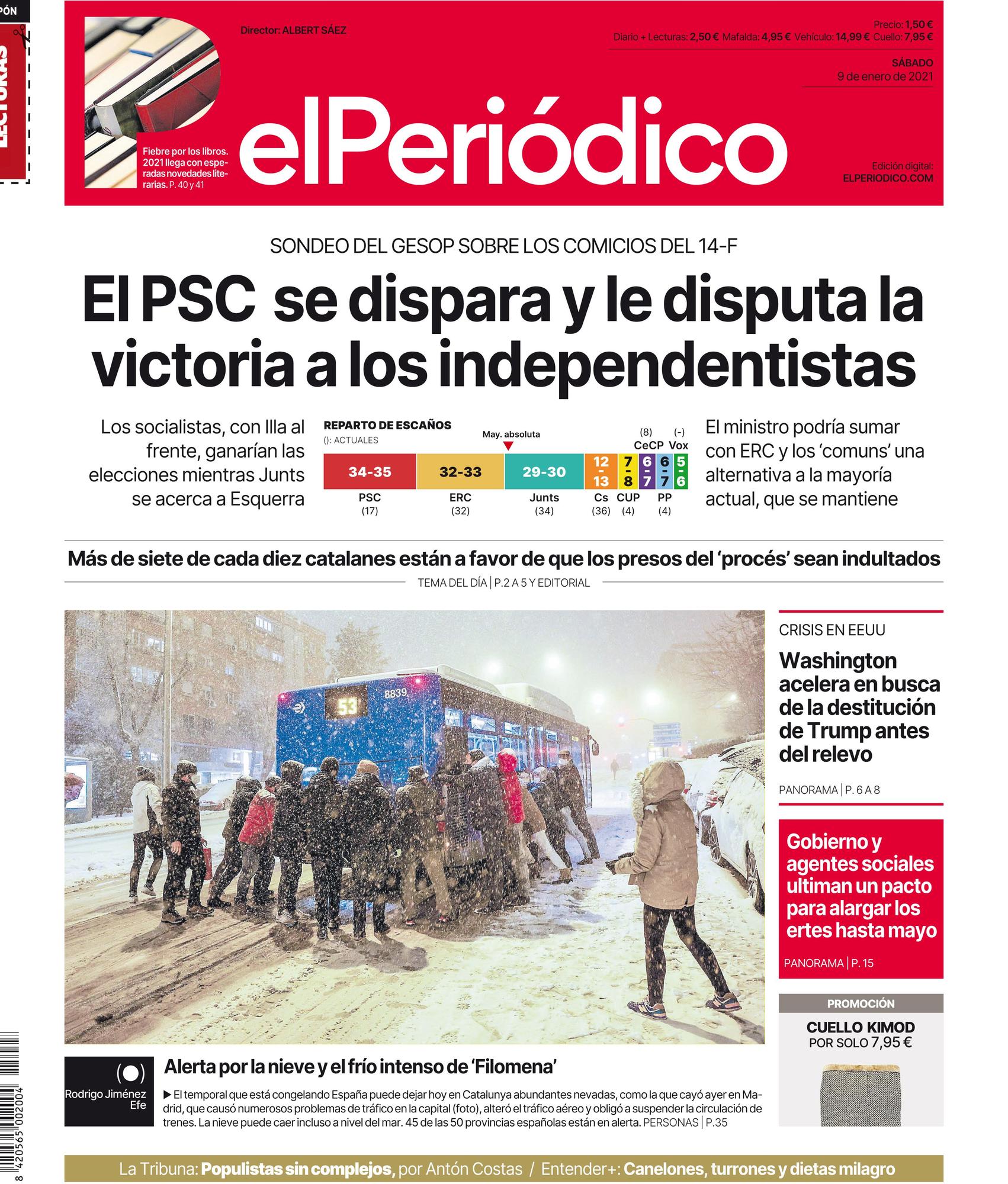 La portada de EL PERIÓDICO del 9 de enero del 2021