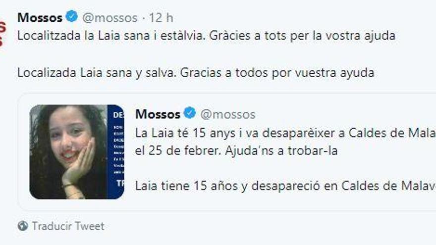 El missatge d&#039;agraïment dels Mossos.