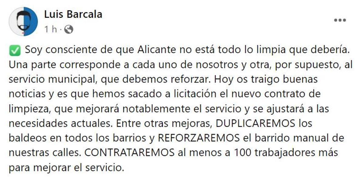 Publicación de Barcala en redes sociales