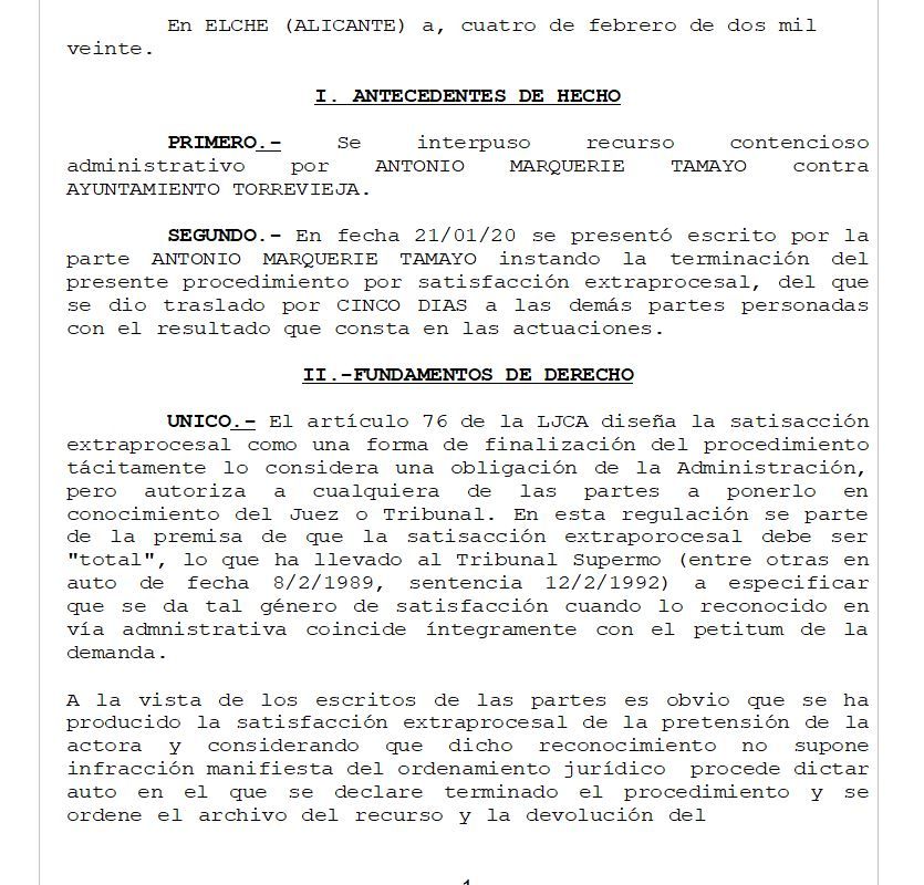 Auto del juzgado archivando el procedimiento al obtener Marquerie un acuerdo de satisfacción extraprocesal (1)