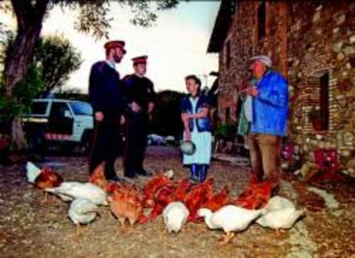  Al camp Dos mossos conversen amb els propietaris d’una masia de Tona, el novembre del 1994.