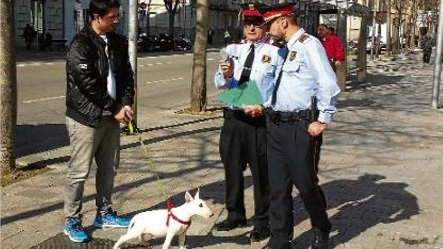 Manel Manich, cap de l&#039;Oficina de Relacions amb la Comunitat de Girona dels Mossos i Xavier Domènech, Cap de l&#039;Àrea Bàsica Policial del Gironès, - Pla de l&#039;Estany utilitzant un dels lectors cedits pels veterinaris.