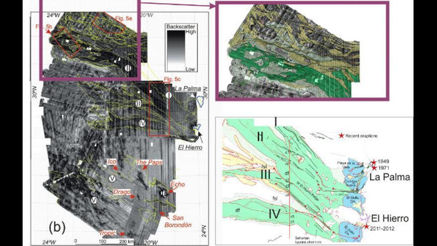 Cartografía de los depósitos de transporte en masa provenientes de la provincia volcánica de Canarias e Imagen de la textura del fondo marino (backscatter).