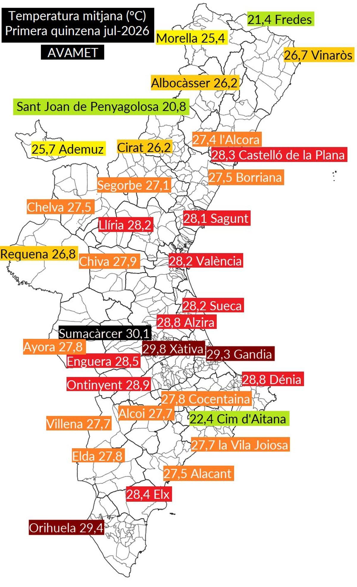 Temperatura media de la primera quincena de julio de 2026.
