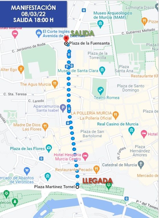 Imagen del recorrido de la marcha del 8M en la ciudad de Murcia