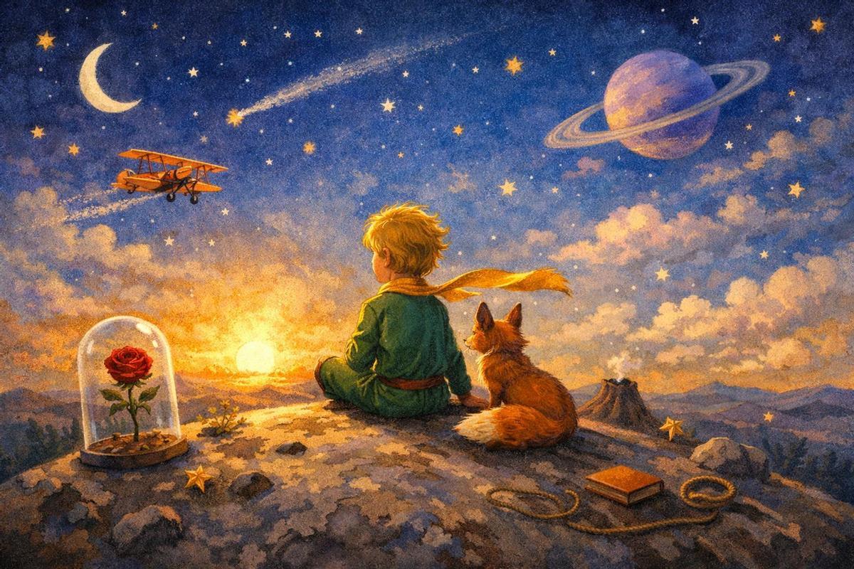 Ilustracion creada con IA de 'El Pincipito' de Antoine de Saint-Exupéry.