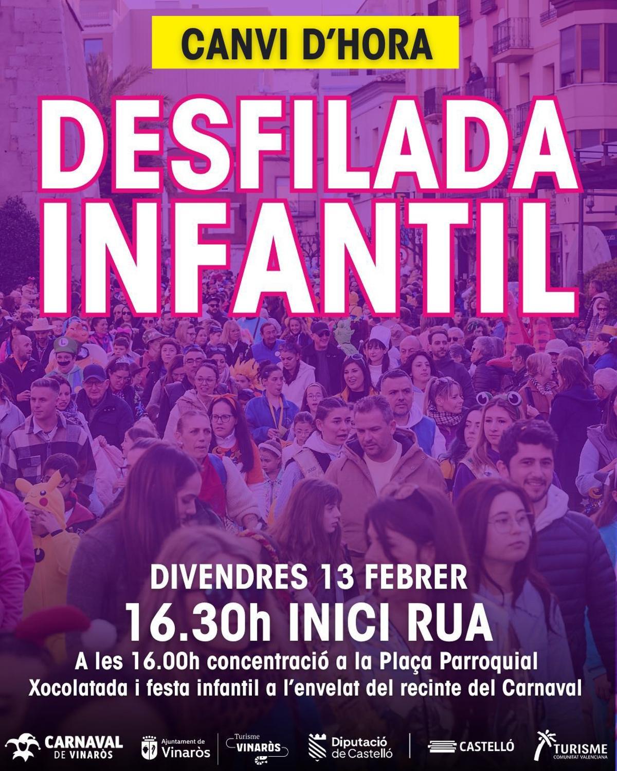 Cartel del desfile infantil de este viernes, que han adelantado una hora.