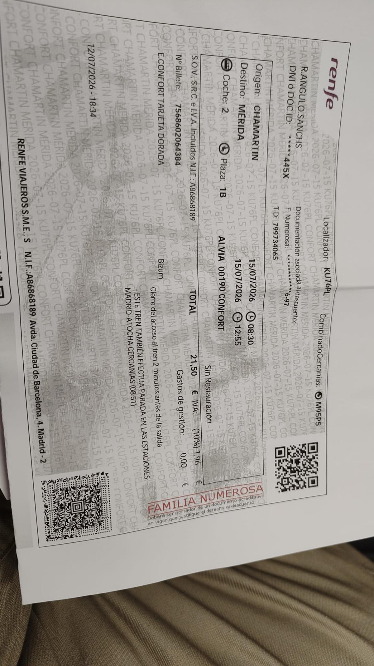 Billete de este miércoles de uno de los viajeros.