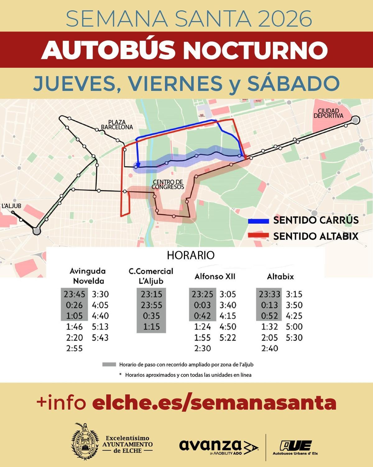 Horarios del autobús nocturno de Elche del Jueves Santo al Sábado de Gloria