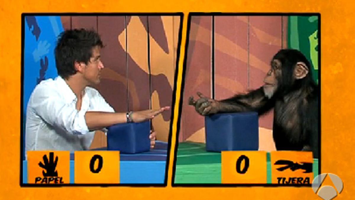 Programa de televisión 'Involución' con el mono Darwin jugando a piedra, papel o tijera.