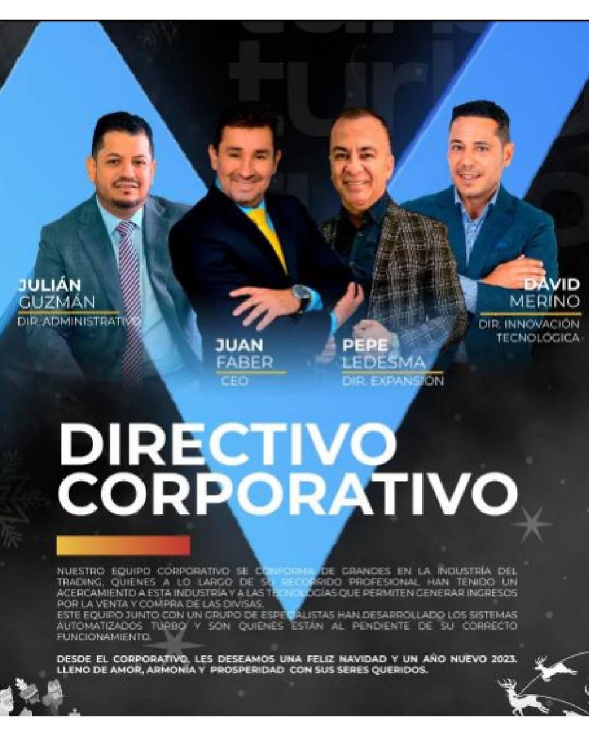 David Merino y Juan Faber, junto a otros dos miembros de FX Winning en una publicación que felicitaba a los inversores.