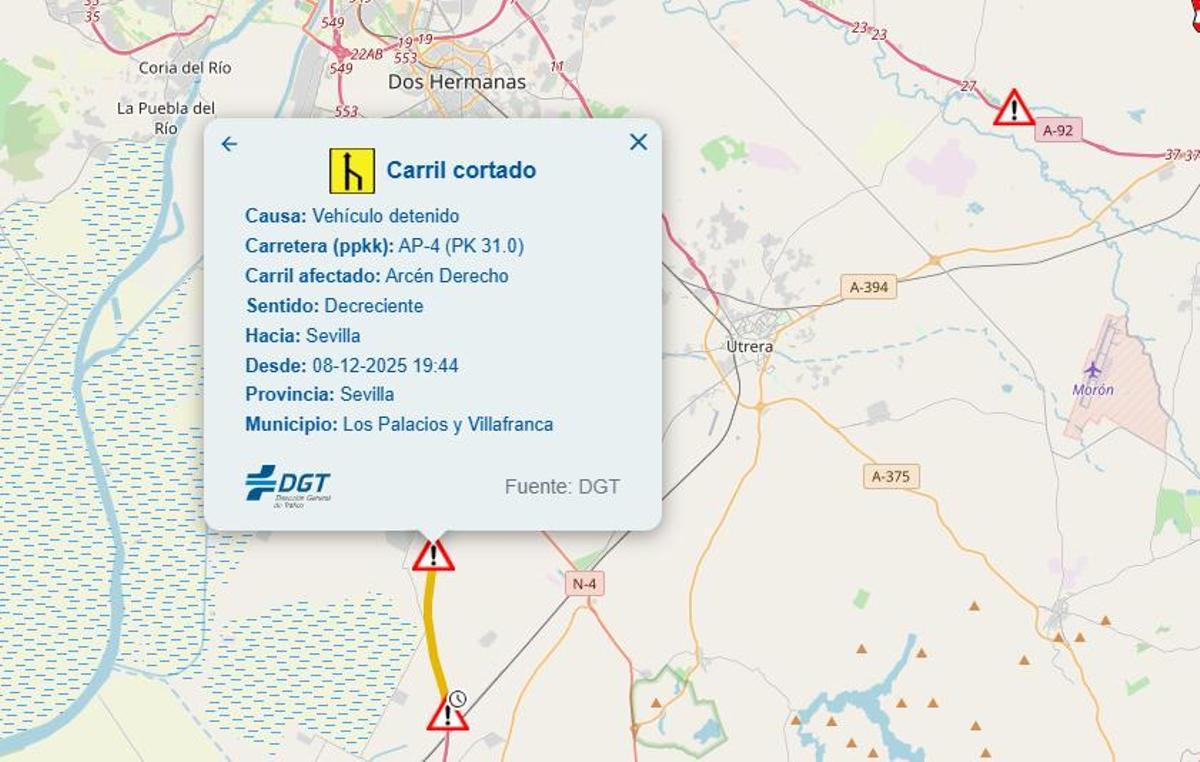 Carril cortado en la AP 4 a la altura de Los Palacios