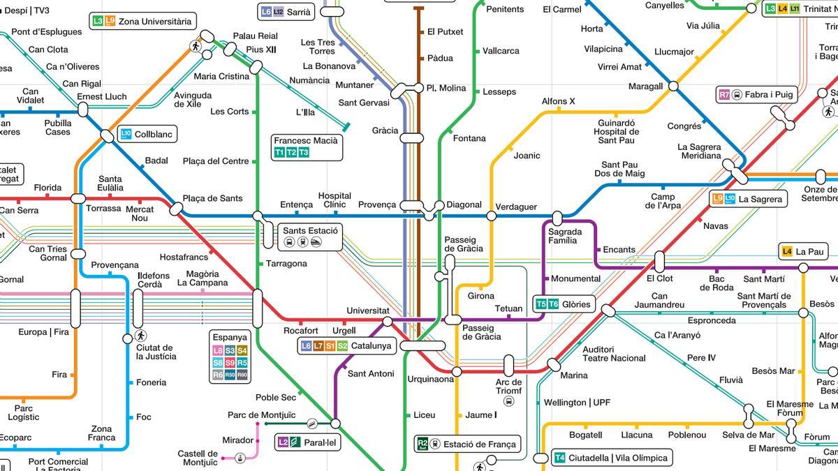 Detalle del nuevo mapa, en el que se ve la diferencia entre tranvía (y el tramo pendiente de la Diagonal) y metro