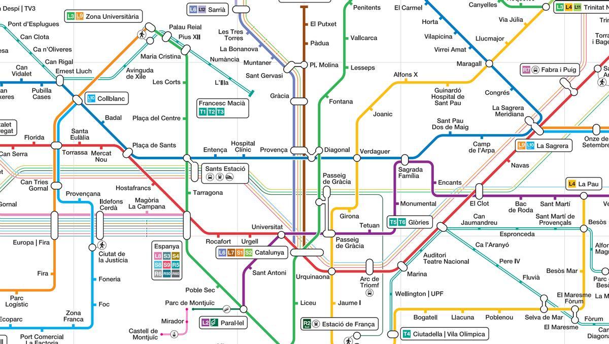 Detalle del nuevo mapa, en el que se ve la diferencia entre tranvía (y el tramo pendiente de la Diagonal) y metro
