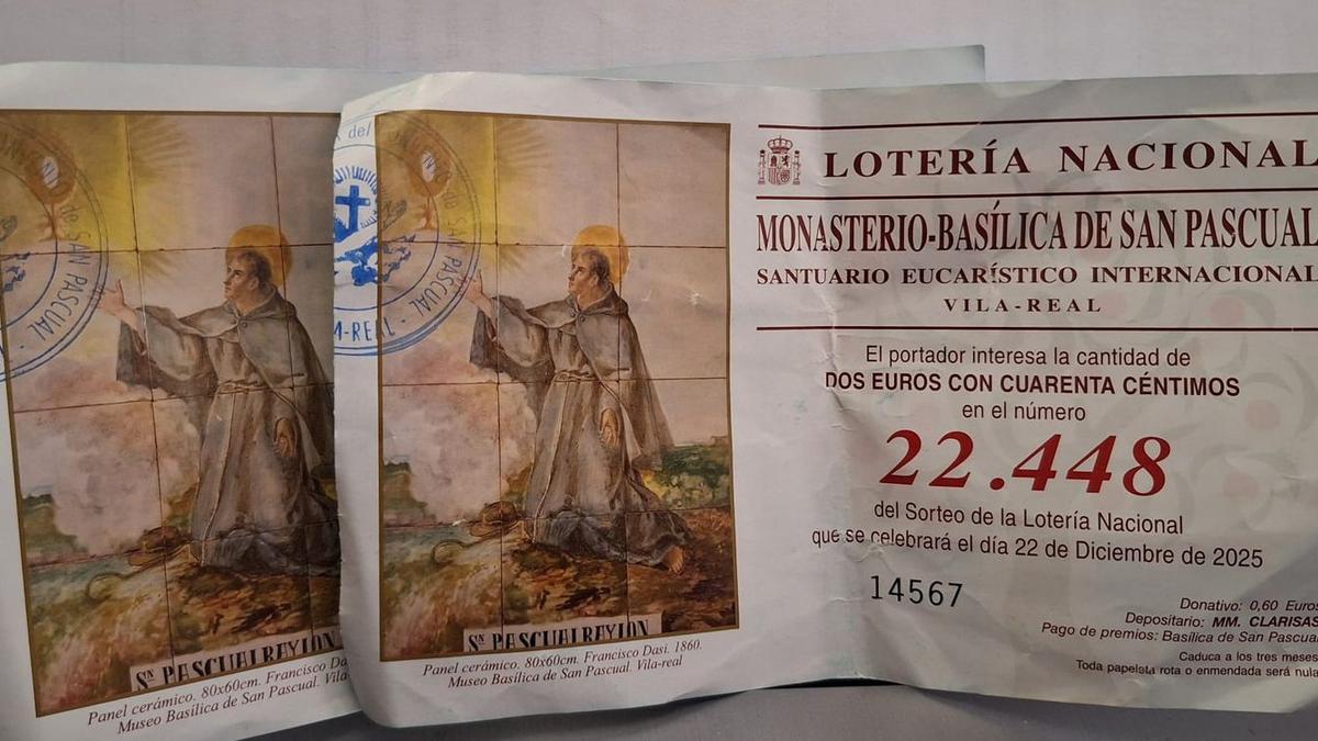 Imagen de las papeletas de este año del monasterio y basílica de Sant Pasqual que, como de costumbre, juega con el número 22.448 en la Lotería de Navidad.