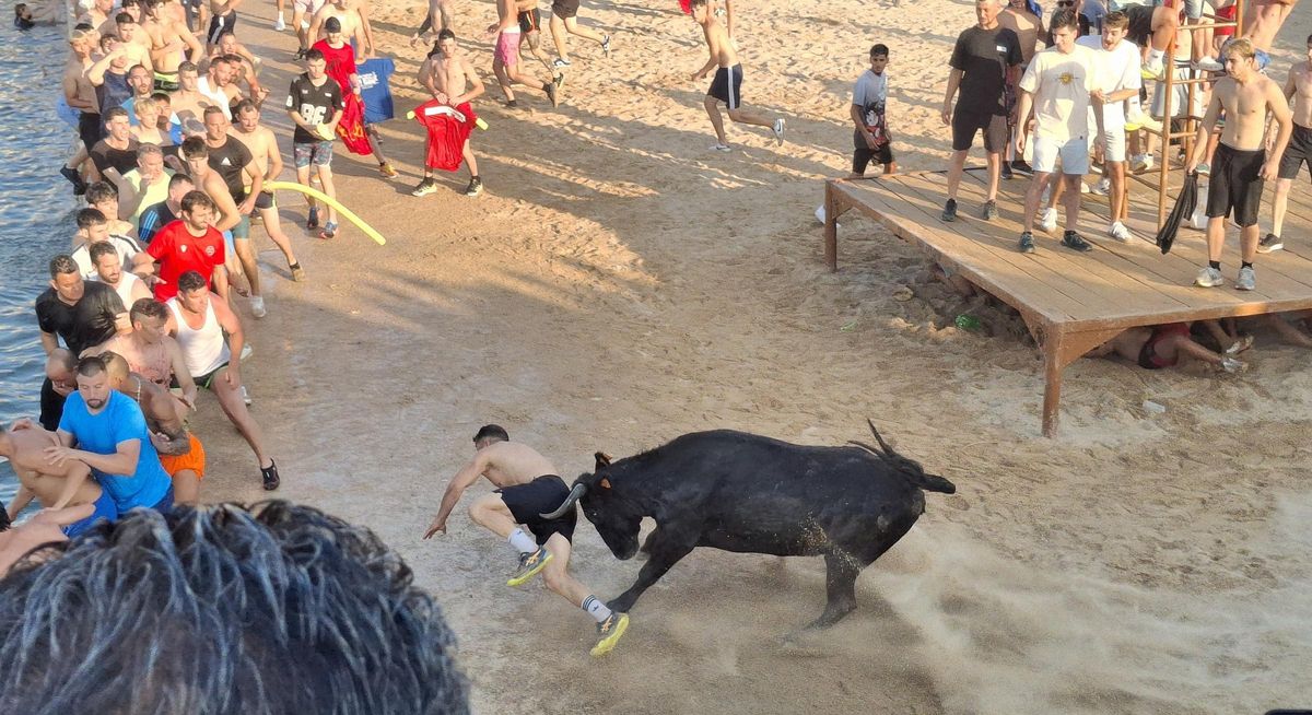 Momento en el que la vaquilla engancha por el bañador a un aficionado