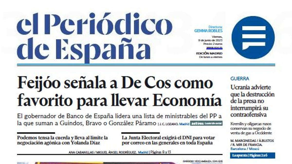 La portada de EL PERIÓDICO DE ESPAÑA, hoy viernes 9 de junio del 2023.