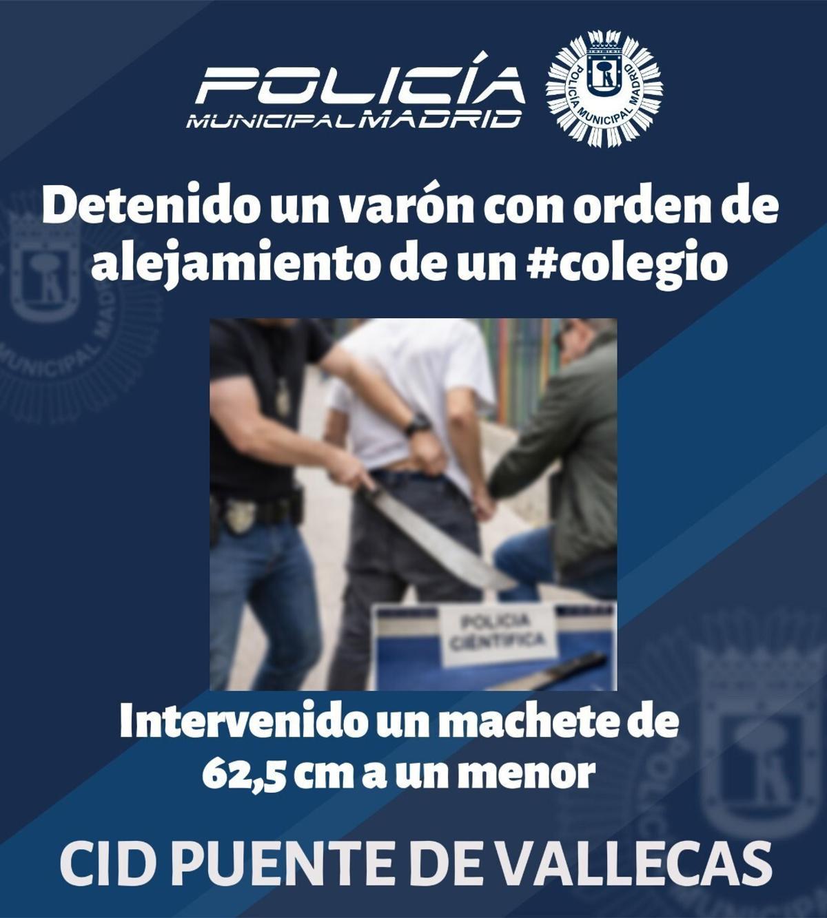 Detenido en Puente de Vallecas en posesión de un machete de grandes dimensiones y por saltarse una orden de alejamiento de un colegio