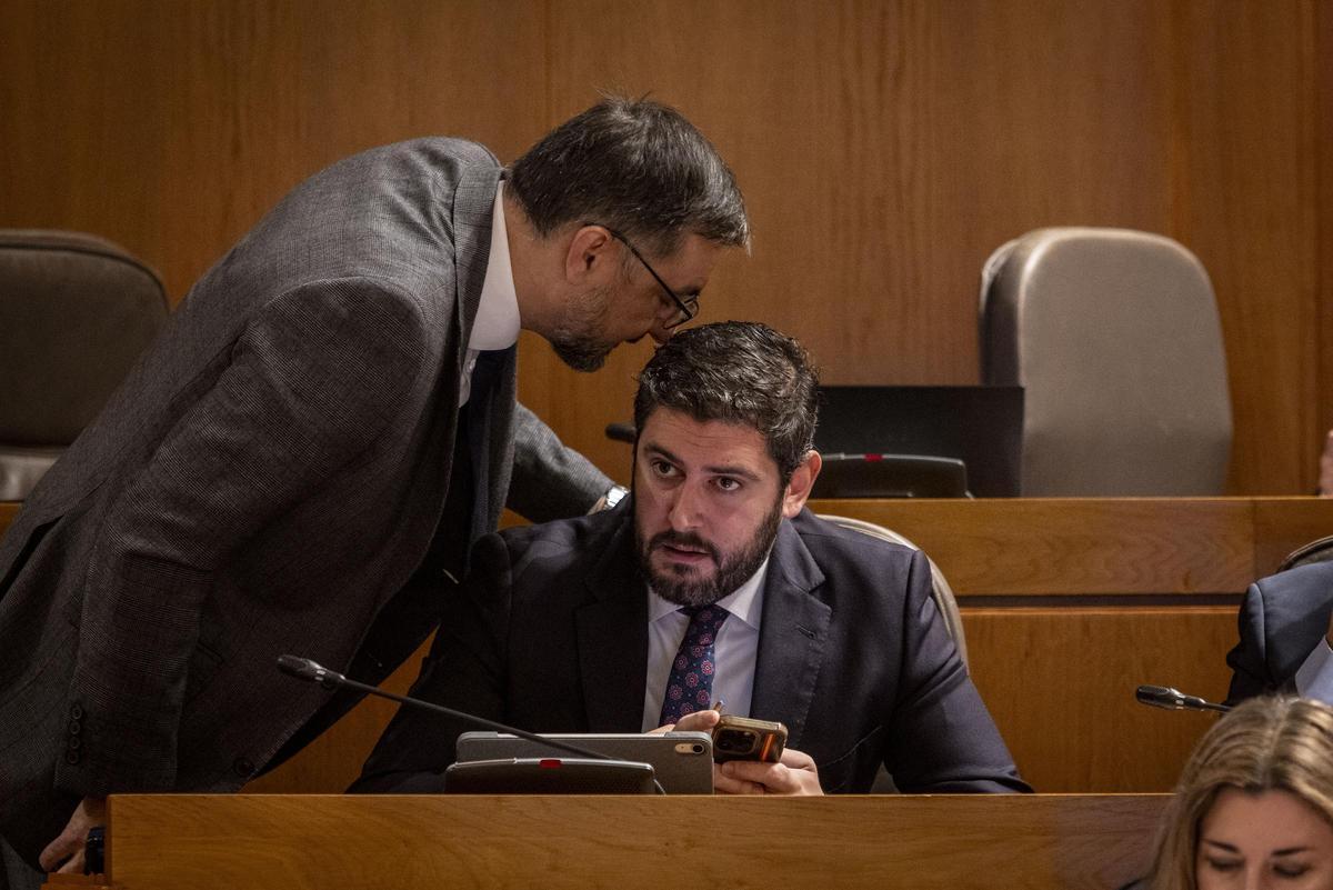 Los diputados de Vox Fermín Civiac y Alejandro Nolasco hablan en un reciente pleno autonómico.