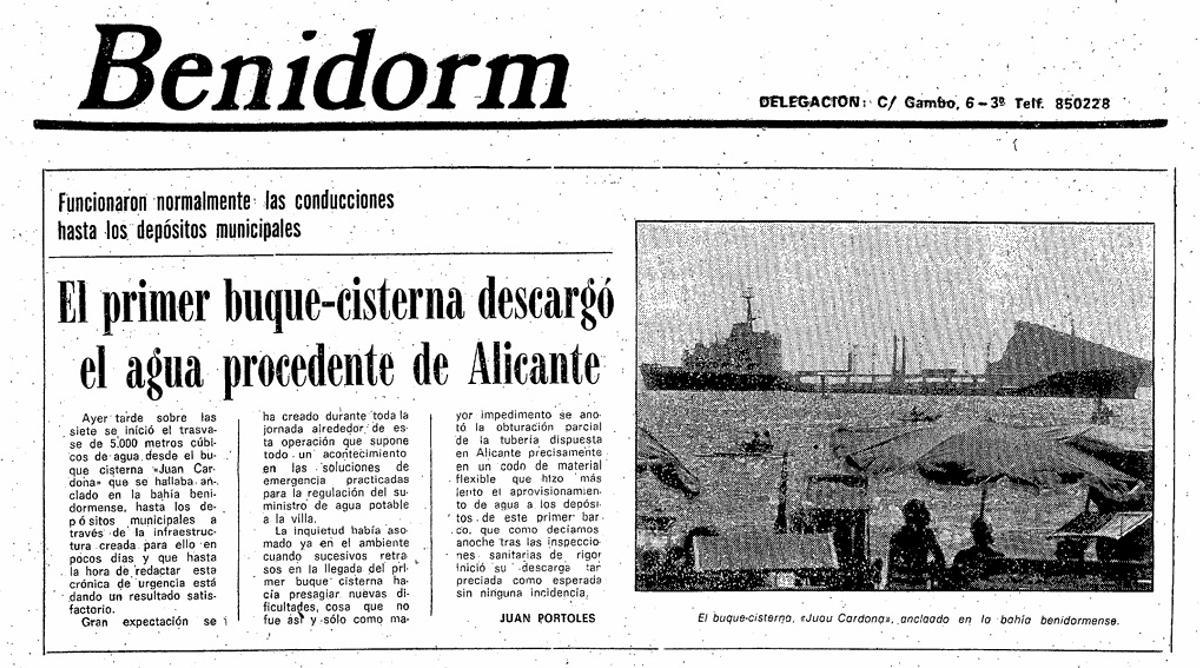 INFORMACIÓN publicaba el 4 de octubre e 1978 la noticia sobre el trasvase de los 5.000 metros cúbicos de agua desde el buque cisterna «Juan Cardona» hasta los depósitos municipales.