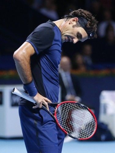 Switzerland's Federer reacts during his match against Nadal of Spain at the Swiss Indoors ATP men's tennis tournament in Basel