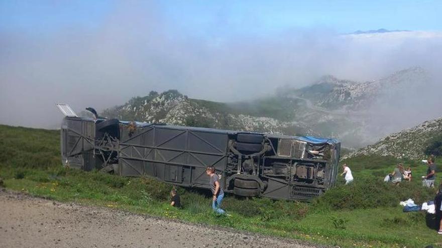 El autobús volcado junto a la carretera de los Lagos de Covadonga.