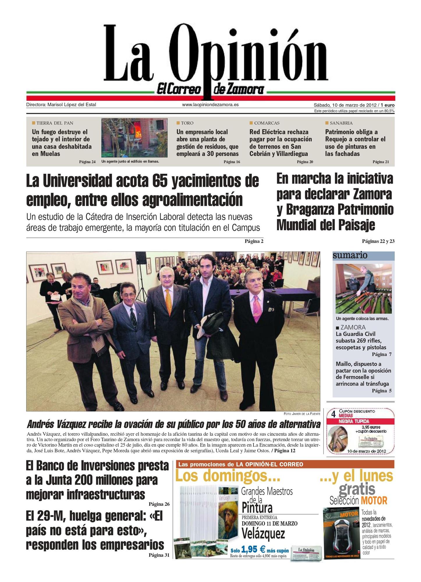 Portada de La Opinión de Zamora del sábado 10 de marzo de 2012 cuando Jaime Ostos asistió al homenaje de Andrés Vázquez.