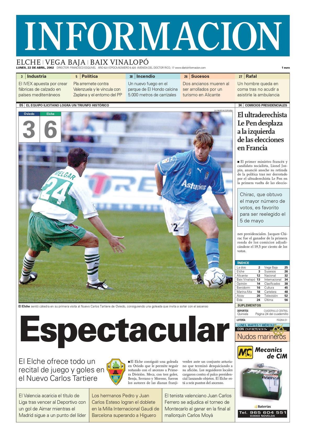 Portada de INFORMACIÓN el día siguiente del Oviedo 3-6 Elche de 2002