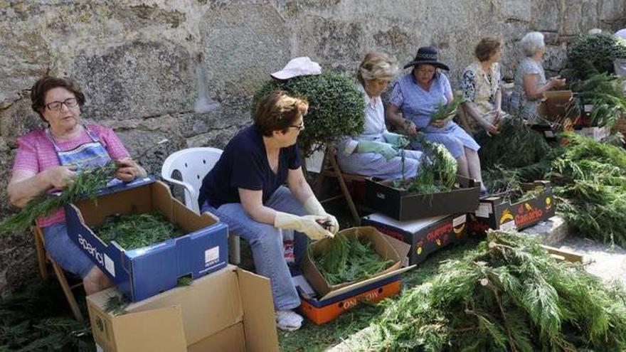 El grupo de mujeres que están preparando las alfombras en el local parroquial de Cambados.