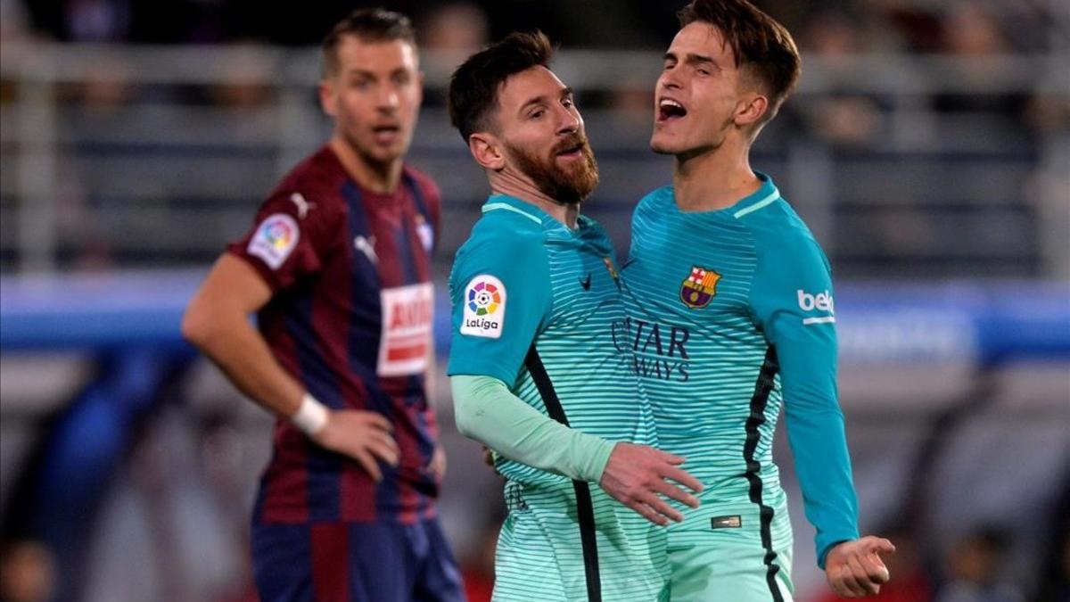 Denis Suárez grita con rabia su gol ante Messi.