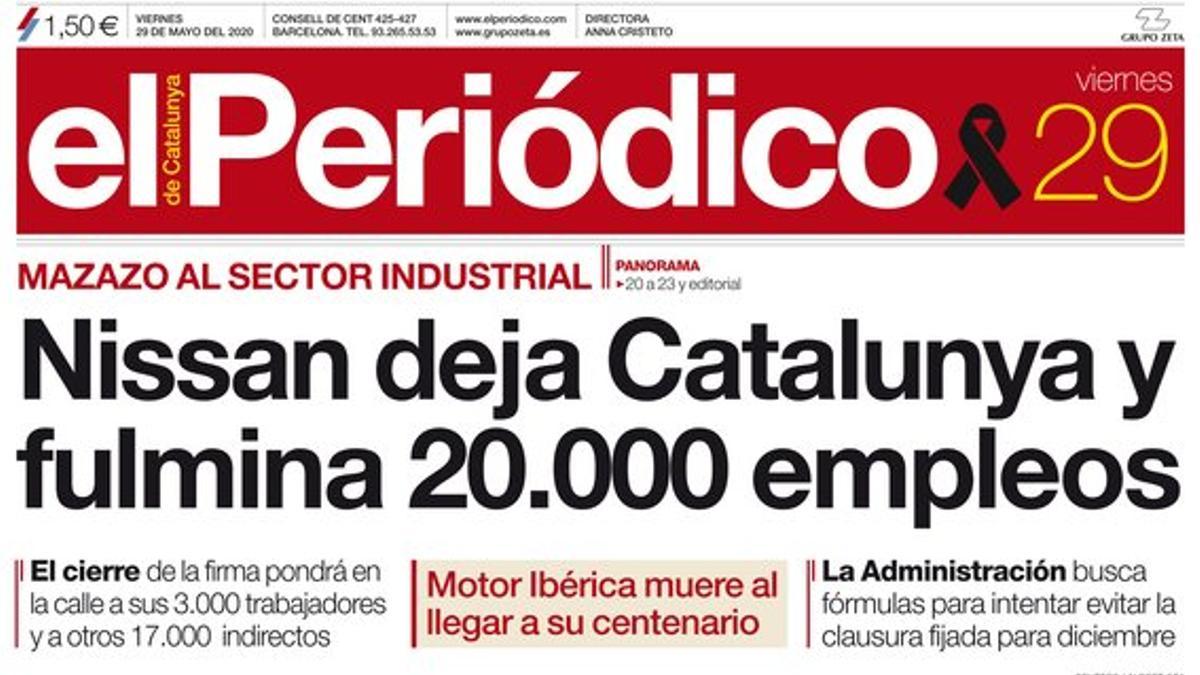 La portada de EL PERIÓDICO del 29 de mayo del 2020