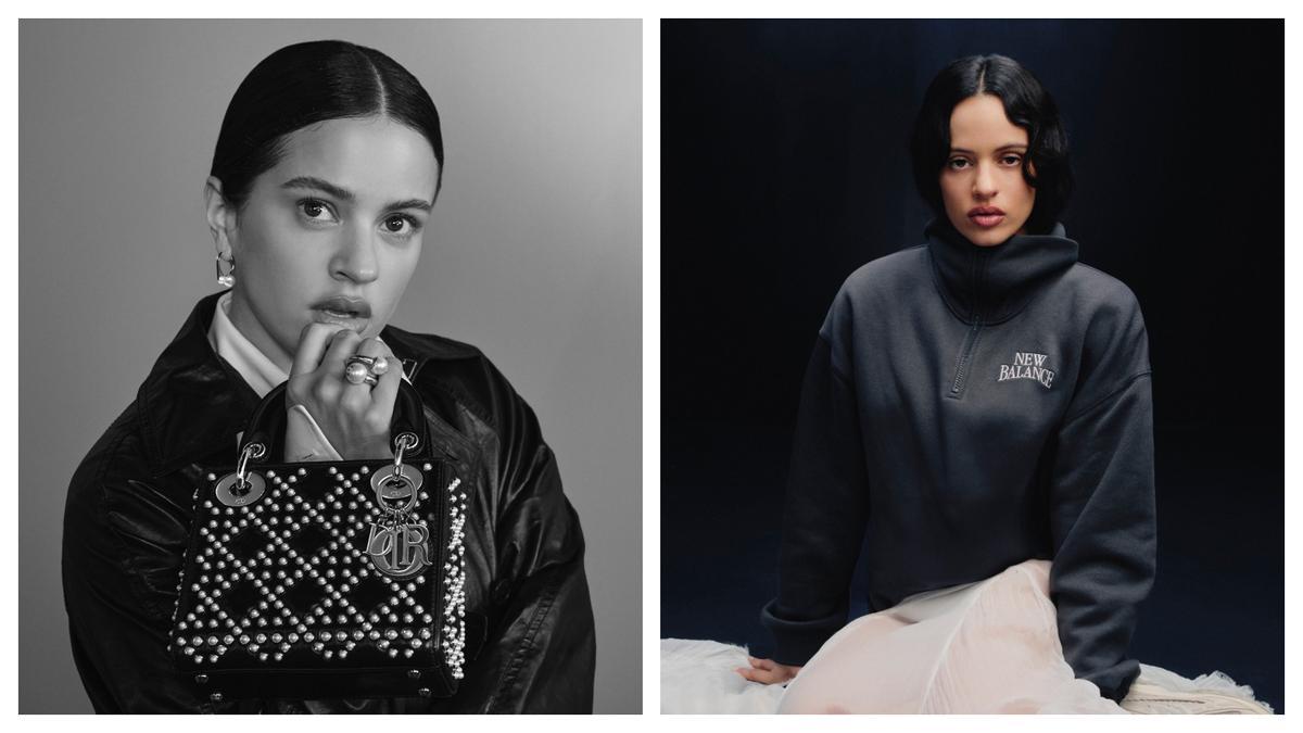 Rosalía, a la izquierda, en la campaña de Dior y, a la derecha, en la de New Balance