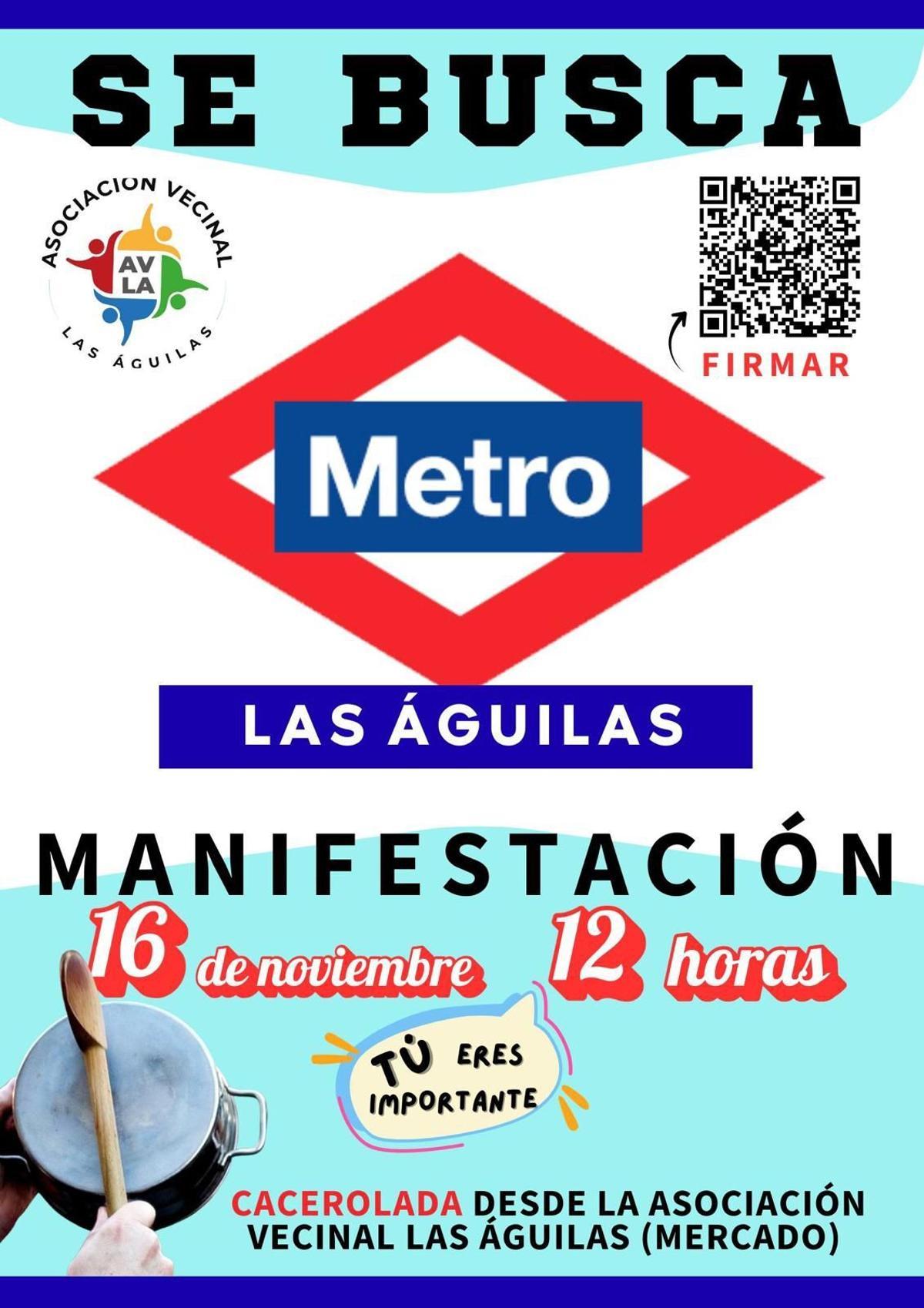 Cartel de la cacerolada que tendrá lugar este domingo en el barrio de Las Águilas