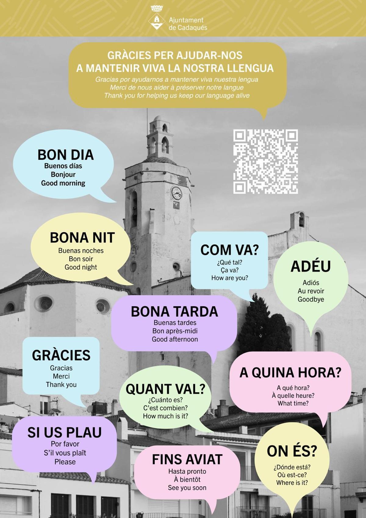 Els cartells informatius per a promoure l'ús del català entre els turistes.